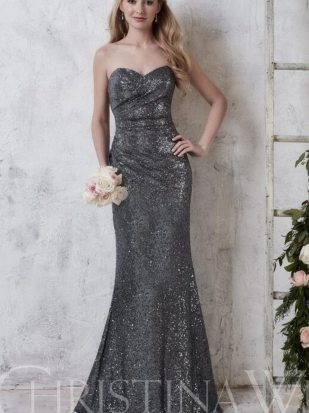 Strapless Sequin Evening Gown - Silver
